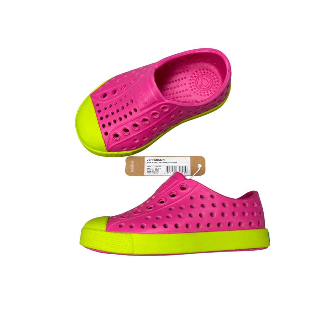 Native Jefferson Kids Shock Pink Chartreuse Green Slip On Shoes Kids‎ Size 5 NEW